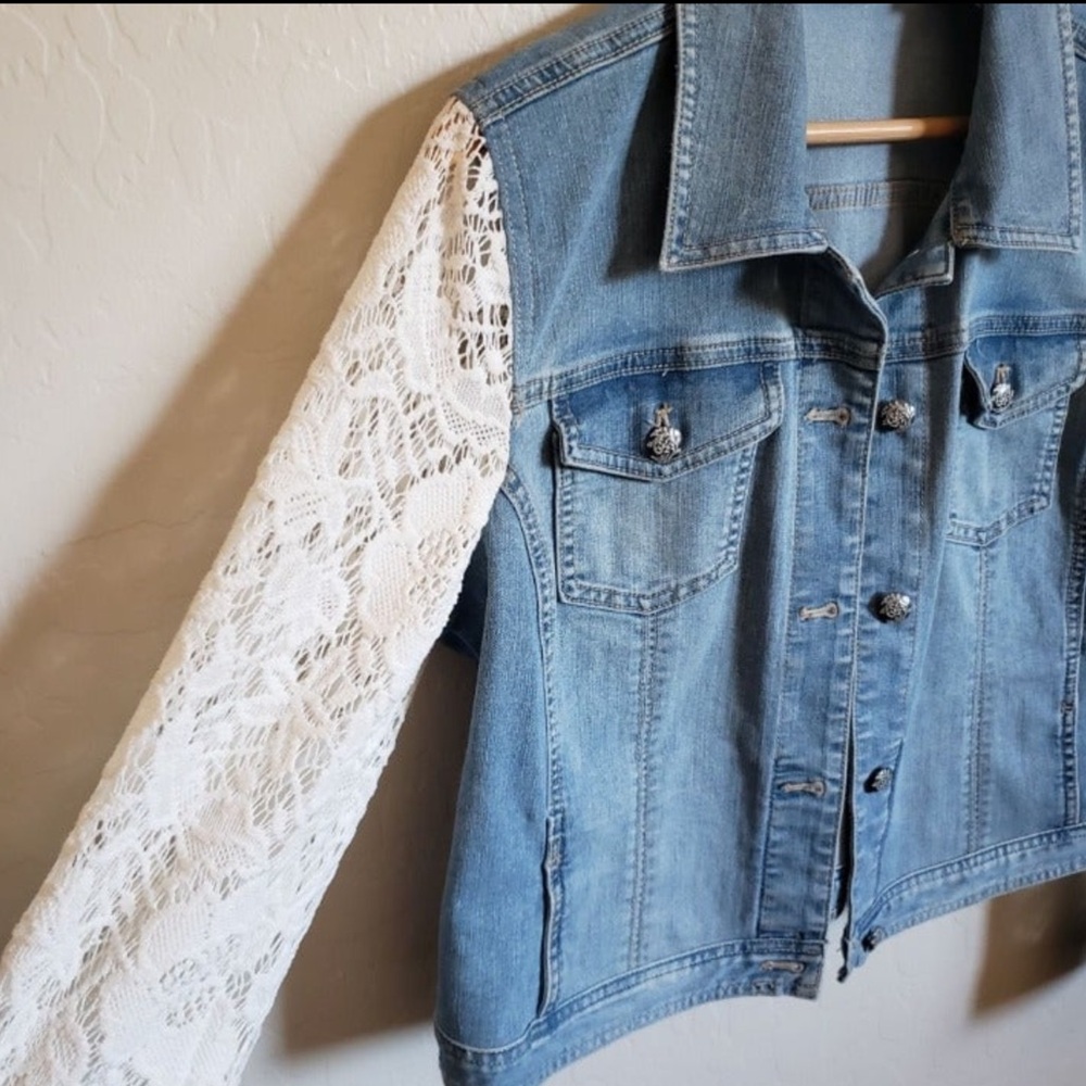 CHICO’S Platinum Jean Jacket with Lace Sleeves